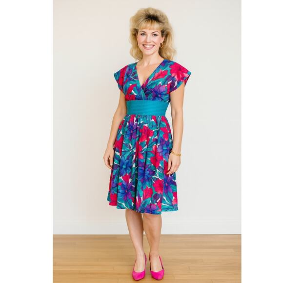 Vintage Jackie Taub for Connections Floral Midi Dress 12 Union Made Blue Red - Picture 1 of 12